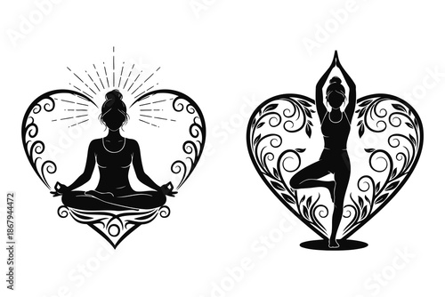 yoga poses with heart shaped floral designs and silhouettes of women in various meditation and balance stances
