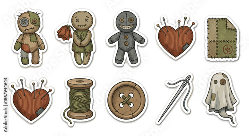 Vector collection of cute voodoo doll stickers featuring rag dolls, heart pincushion, sewing thread, needle, button, and ghost for halloween scrapbook design elements.