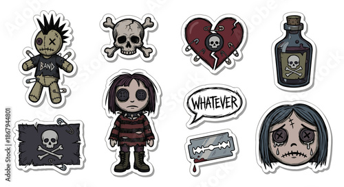 Vector collection of gothic voodoo stickers featuring cursed doll, skull, poison bottle, broken heart, and sad emo girl character for dark halloween design elements.