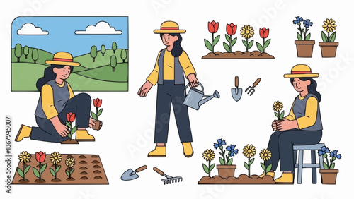 Gardener planting flowers in a garden with watering can and tools.