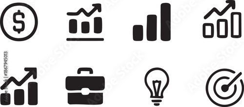 dollar symbol, bar chart, line graph, target, dollar sign, upward arrow,.eps