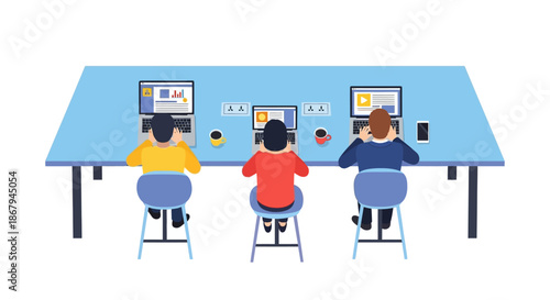 Three People Working on Computers Together.