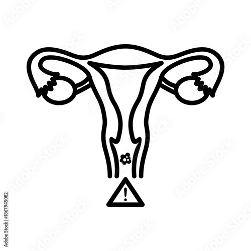 Cervical Cancer Line Icon, Female Reproductive System with Warning Symbol, Uterus and Ovaries Disease Awareness Vector Illustration