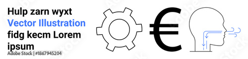 Gear, Euro sign, and human head with airflow arrows representing technology, economy, and breathing process. Ideal for finance, engineering, health, education innovation industry simple landing