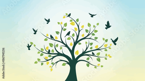 Silhouette of a tree with birds flying around it.