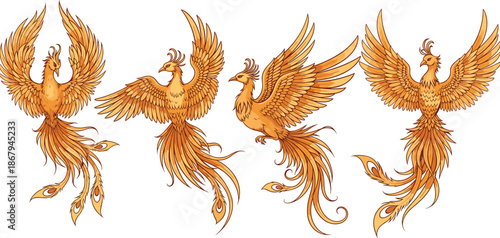 Set of golden phoenix bird illustrations featuring mythical fire birds in various flying poses isolated on white background for fantasy design