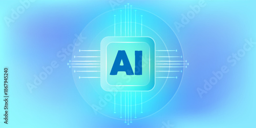 Artificial intelligence concept with AI chip icons and digital connections on a futuristic blue background.