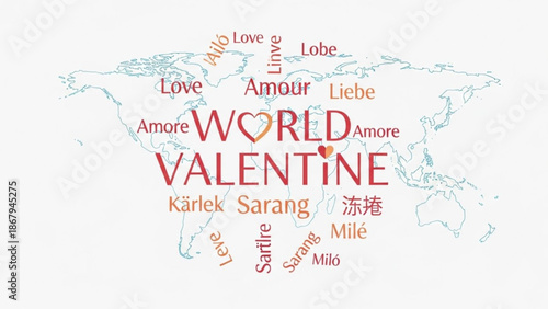 World Valentines Day concept with love words in different languages a global celebration of affection on a map background