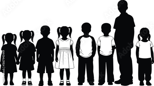 Set of diverse children silhouettes standing in a row isolated on white background for family education and community growth design projects