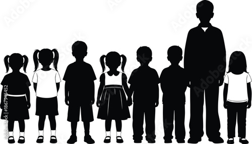 Set of diverse children silhouettes standing in a row isolated on white background for family education and community growth design