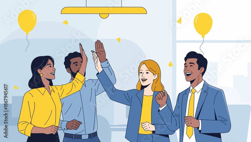 Colleagues celebrating a successful business achievement together in a modern office environment with yellow decorations