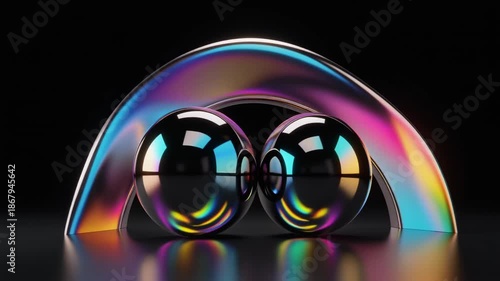 Rainbow colored glass balls and arch on black background.