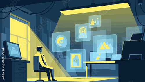 A person working late at night in a dimly lit office with multiple computer screens displaying various security alerts and notifications