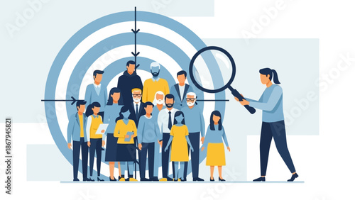 Diverse group of people being analyzed through a magnifying glass in a modern illustration