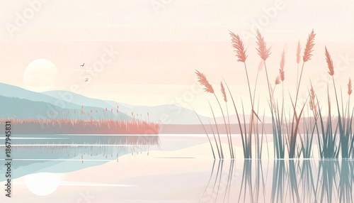 Serene lakeside landscape illustration with tall reeds at sunrise or sunset in soft pastel colors