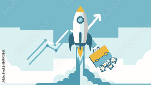 A rocket launching into the sky with cargo, representing technology innovation and progress