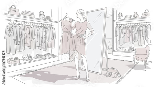 Woman trying on dress in front of mirror in clothing store with dog nearby