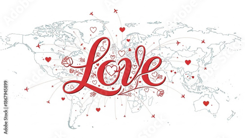 Global love concept with Love text and heart icons representing international romance and travel perfect for Valentines Day or relationship themes