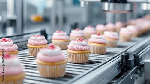 Freshly baked cupcakes moving along an automated production line