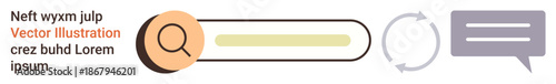 Online search, user interface, chat communication, website navigation, data loading, technology. Search bar with magnifying glass, refresh icon and speech bubble. Online search and user interface