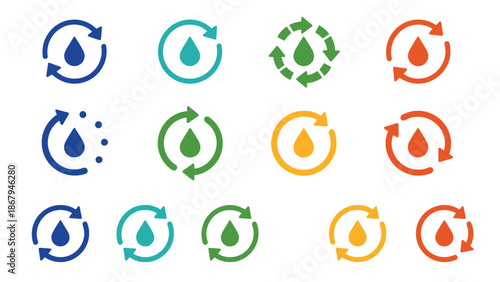 Colorful water drop recycling icons set