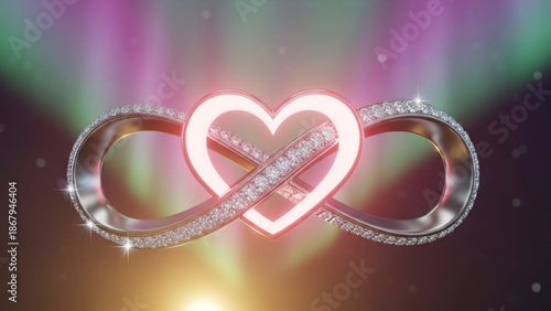 Diamond encrusted infinity heart symbol with sparkling light effects on colorful background