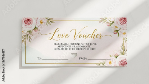 Romantic love voucher card with floral design and gold text on white background