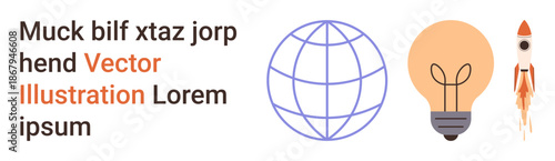 Innovation, global ideas, creative thinking, technology, progress, future planning. Line globe, light bulb and rocket icon. Innovation and global ideas concept