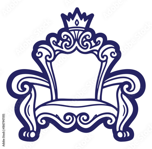 Elegant royal throne chair illustration with crown and decorative swirls isolated on white