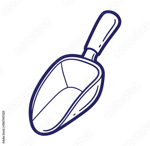 Hand drawn cartoon illustration of a small scoop shovel in a simple outline style