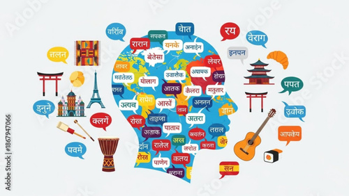 Vibrant illustration of a human head with a world map inside surrounded by cultural symbols