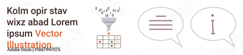 Data analysis, information processing, digital communication, language interpretation, transcription, content creation. Funnel filtering data into a grid, speech bubbles with text. Data analysis