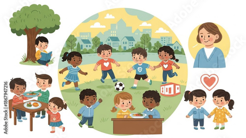 Diverse group of children playing and learning together in a park with a teacher