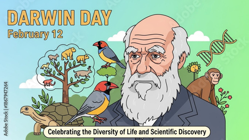 Charles darwin day illustration celebrating diversity of life and scientific discovery