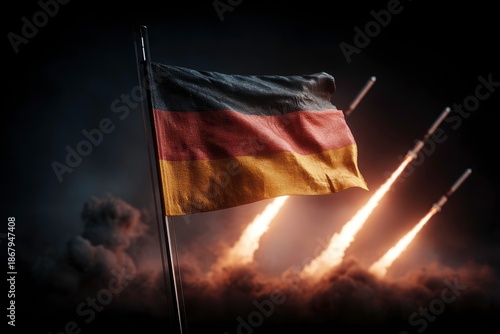 German flag with missiles launching, national concept.