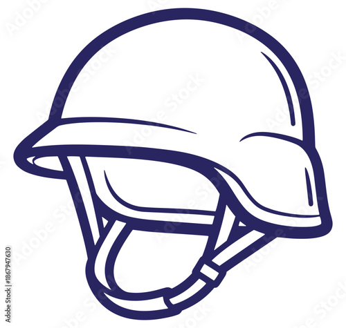 Simple outline illustration of a military helmet with chin strap and protective headgear