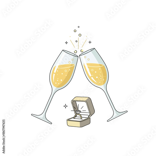 Illustration of two champagne flutes toasting with an engagement ring in an open box below, symbolizing celebration and proposal.