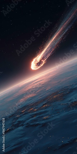 Meteorite impact over Earth, night scene from space, digital art
