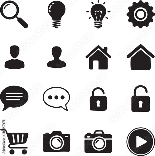 magnifying glass, light bulb, light bulb glowing, gear, user profile, user profile, house, house, hamburger menu,.eps