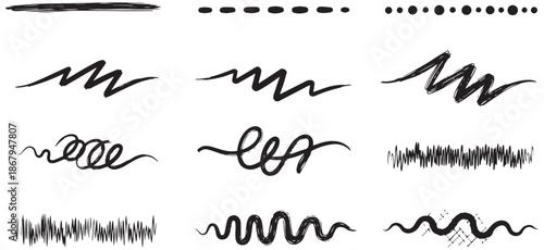 Collection of diverse hand drawn brush strokes and lines