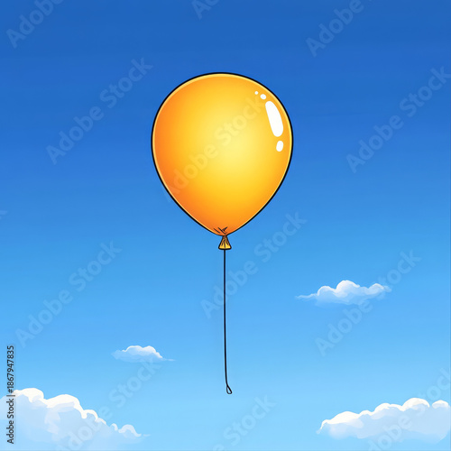 Yellow balloon floating in blue sky with fluffy clouds, cheerful and simple illustration