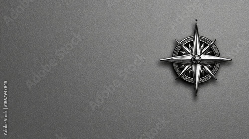 Metallic compass on gray background, travel and direction concept