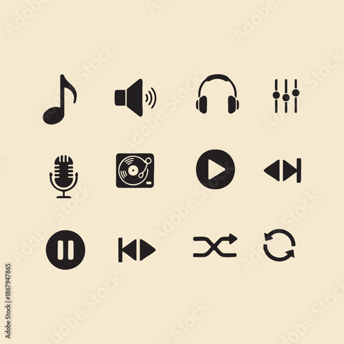 music,sound,speaker,subwoofer,headphones,microphone,turntable,equalizer,play,pause,next,previous,repeat.eps