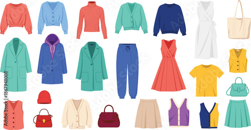 Large Collection of Colorful Women Fashion Clothing and Accessories Including Dresses Sweaters Coats Skirts Bags and Tops Isolated on White Background