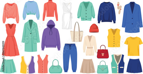 Large Collection of Colorful Women Fashion Clothing and Accessories Including Dresses Sweaters Coats Skirts Bags and Tops Isolated on White Background