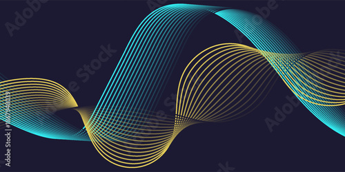 Abstract dynamic lines on dark background. Modern yellow and blue flowing wave lines. Futuristic technology concept. Vector illustration