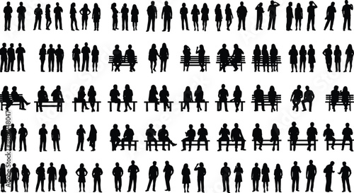 Large Collection of Diverse People Silhouettes Standing and Sitting on Benches in Various Poses for Urban Lifestyle and Public Space Design