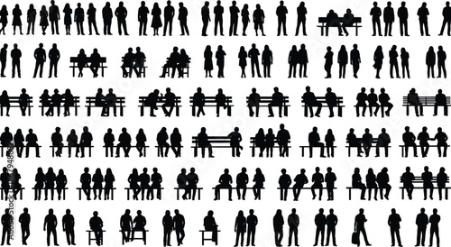 Large Collection of Diverse People Silhouettes Sitting on Benches and Standing in Various Poses for Urban Lifestyle and Public Space Design
