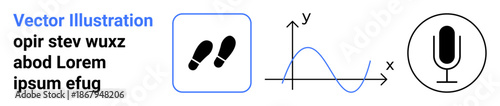 Data analysis, audio technology, graphic design, science education, motion tracking, communication. Footsteps icon, graph microphone symbol. Data analysis and audio technology visual theme