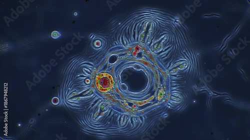Microscopic blue and red circular structure with swirling lines on a dark background